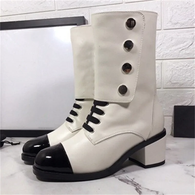 

Thick High Heels Boots Stitching Classic Fabrics Women Shoes Thick Heel Boots Casual Shoes Round Toe All-match Women's Boots