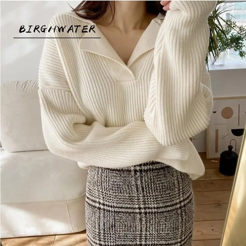 

Женский свитер с отложным воротником, однотонный Повседневный вязаный пуловер с длинным рукавом, Модный корейский джемпер, Осень-зима 2021