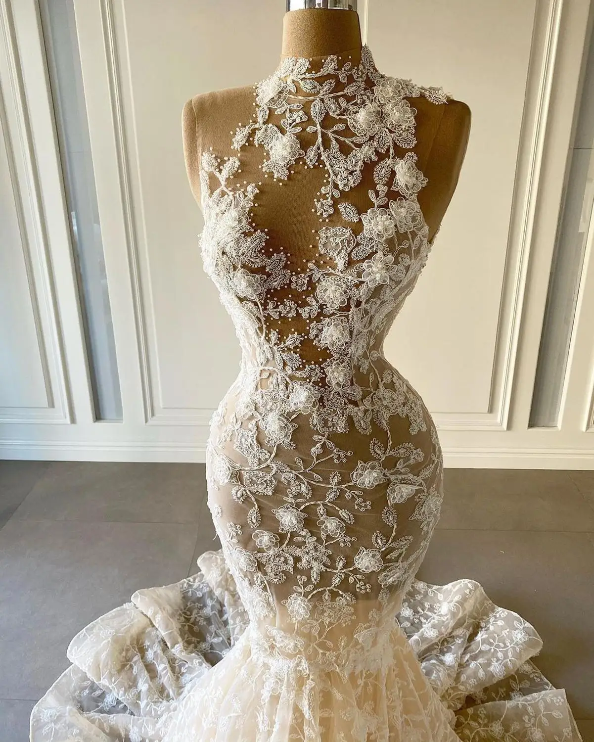 Robe De Mariee 2021Mermaid Wedding Dresses With High Neckline 3D Flowers Bridal Dresses Mariage Bride Dresses