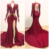 sexy side split gold appliques long sleeves african prom dresses 2020 deep v neck elegant formal evening party dresses gowns