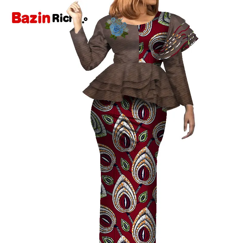 Fashion Patchwork Long Sleeve  Dashiki Skirt Suit African Bazin Fabric Plus Size African Women Skirt Set WY7905