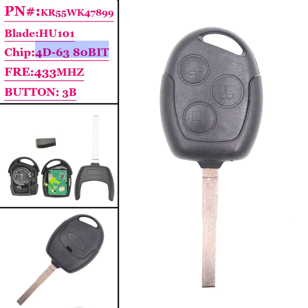 

XNRKEY 3 Button Remote Key 4D63 Chip (80 Bit) 433Mhz HU101 Blade for Ford Focus Fiesta Fusion Mondeo Galaxy C-Max S-Max Car Key