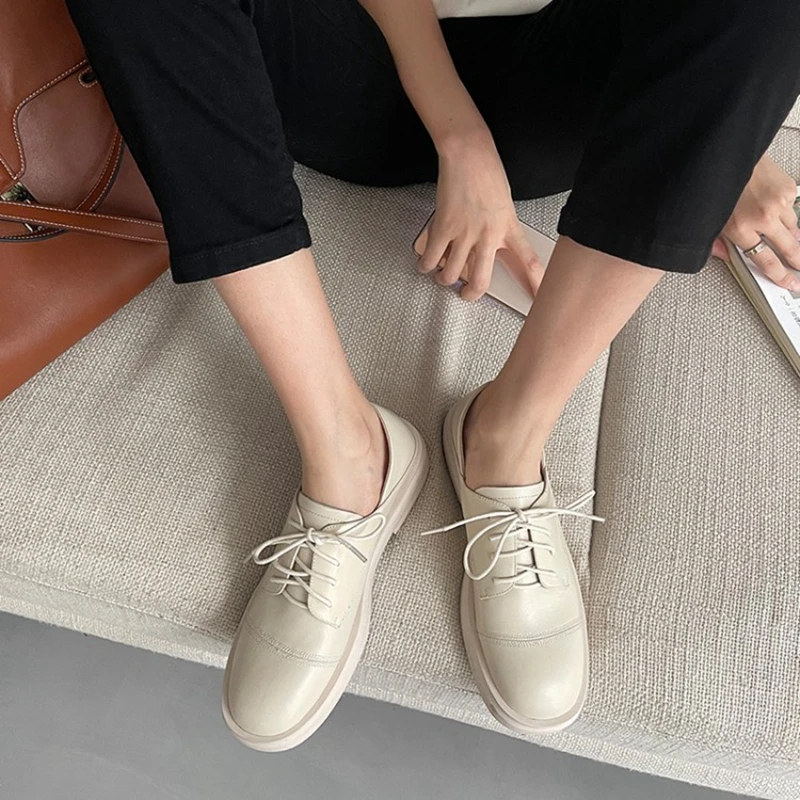 

2021 Spring/Autumn Women Shoes Round Toe Square Heel Lace-up Loafers Geunie Leather Platform Solid Pumps Thick Heel Shoes Women