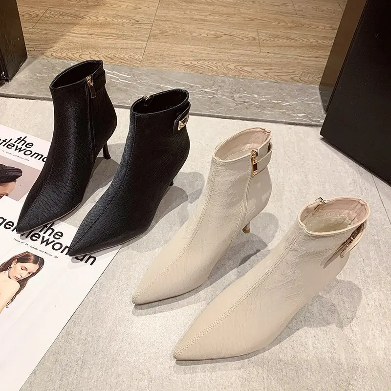 

GUFASA Stiletto Heels Boots Women PU Heel Pointed Toe Ankle Boots Shoes Woman Fashion shoes 2020 Fur Booties Female