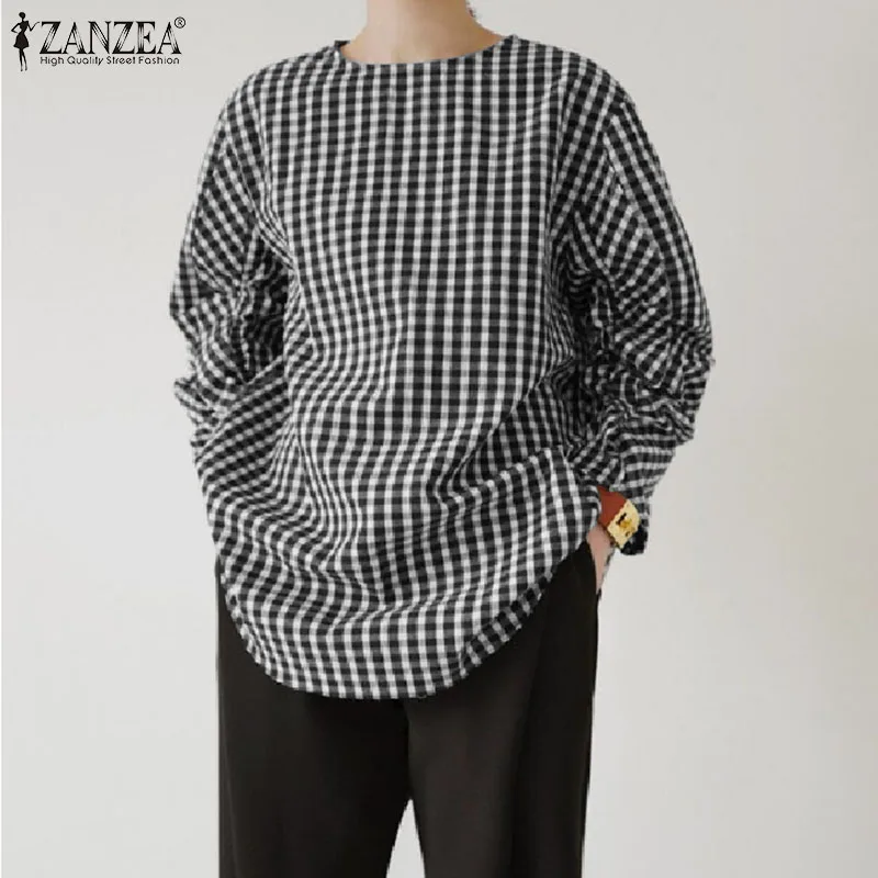 

ZANZEA Women Casual Baggy Blouse Long Sleeve Plaid Check Top O Neck Loose Tunic Shirt Tee Pullover Back Button Chemise