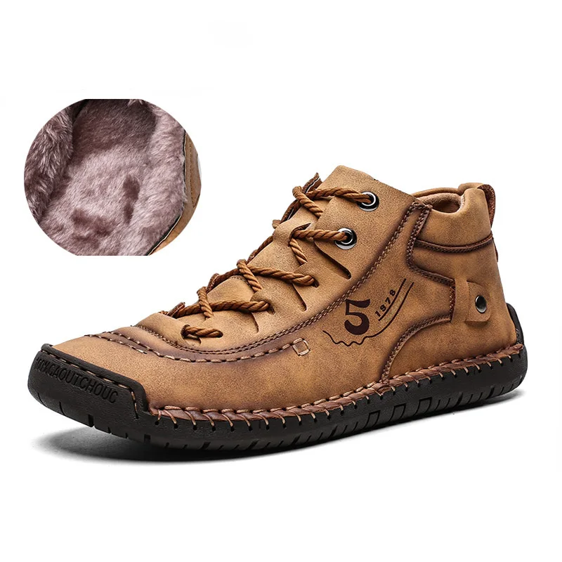 Plus Size Winter Men Shoes Casual Split Leather Shoes Men Loafers Super Comfort Snow Shoes Men Flats Hot Sale Moccasins Shoes - Color: Brown with fur