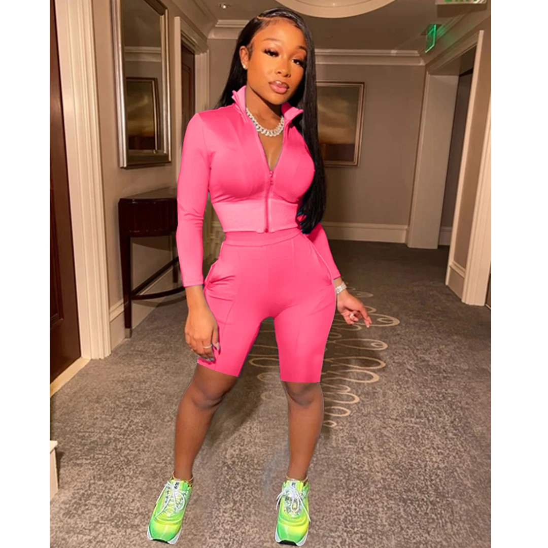 

Women Casual Daily Sport Outfits Bandage Shinny Zippers V-neck 2 Piece Set Women Full Sleeve Top Short Pant Sets