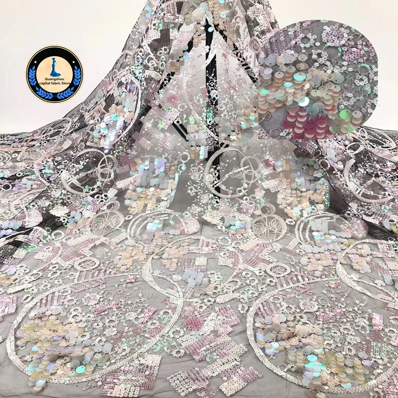 

2019New Africa Lace Fabric High Quality Embroidery French lace crystal sequins Fabric Used for women Wedding dress