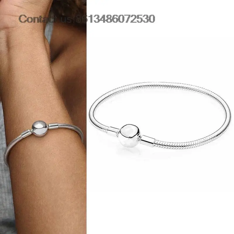 

New Sterling 925 Silver Bracelet For Women Moments Smooth Ball Clasp Snake Chain DIY Bracelet Fit Original Bead Charm