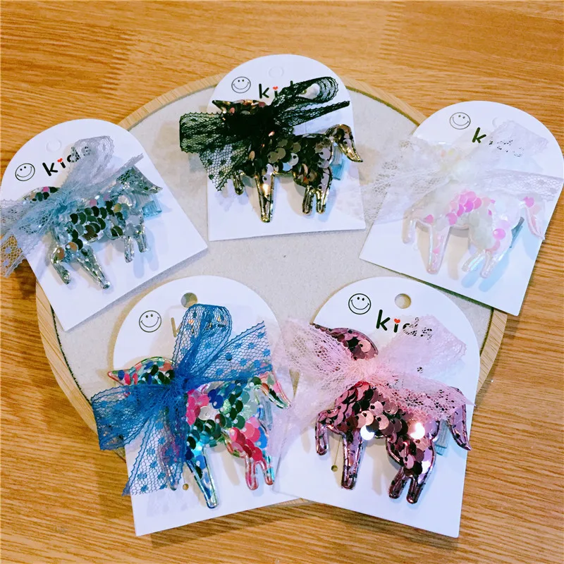 Двухцветная заколка для волос с бантом и блестками в виде единорога заколки