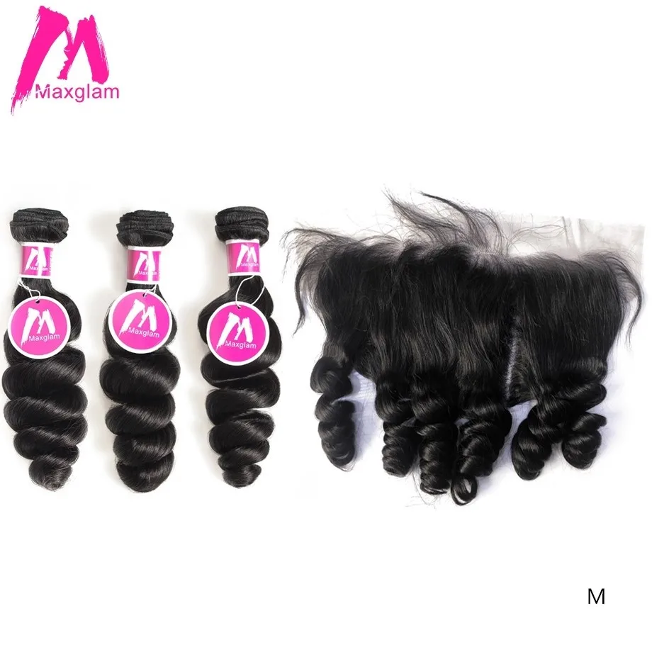 Maxglam бразильские человеческие волосы пряди с фронтальной свободной волной