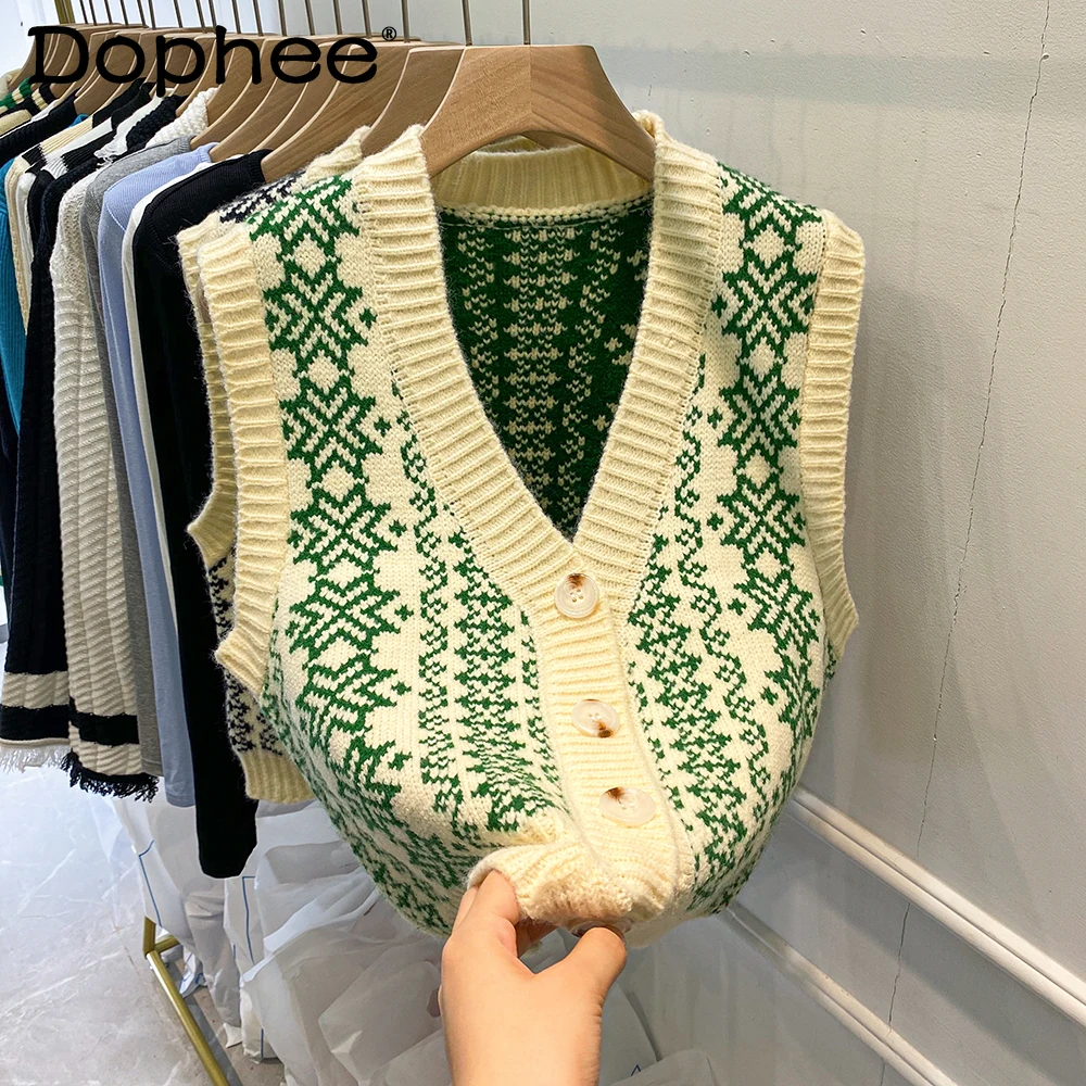 

2021 Autumn Knitted Vest Cardigan Women Vintage Printed V-neck Buttons Sleeveless Jacket Outerwear Female Sweater Waistcoat Top