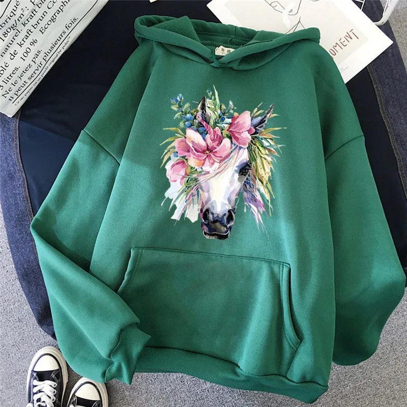 

Fashion Women's Hoodie Hip-hop Long-sleeved Horse Flower Print Sportswear Korean Style Streetwear Sweater Women's Casual Tops