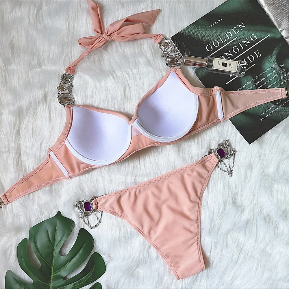 

2021 new sexy bikini pink strappy female swimsuit hot pink swimsuit