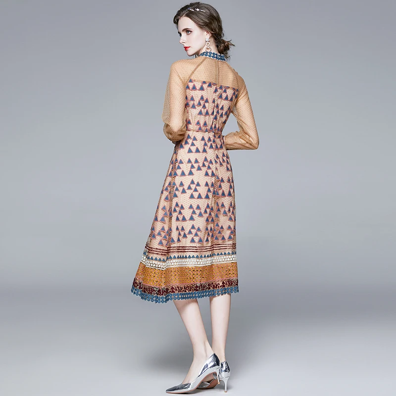 

Women Fashion Runway Designers Spring Autumn Long Sleeve Mesh Embroidery Dress Vintage Vestidos Midi See Through Party Robe