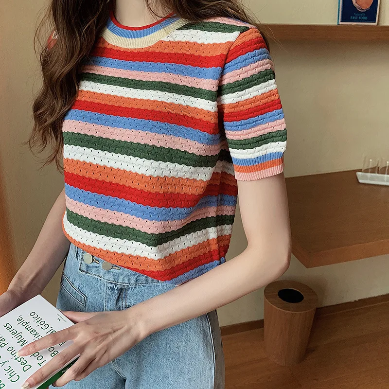 

Summer rainbow striped ice silk student T-shirt knit small shirt short-sleeved short half-sleeve bottoming top women