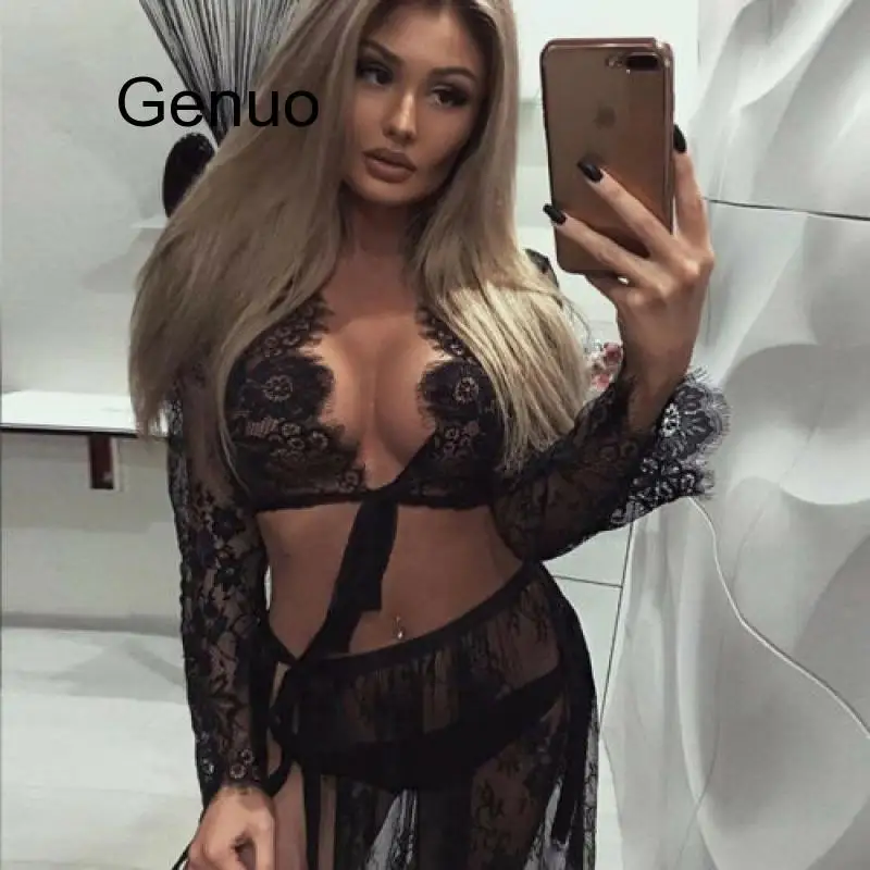 

Women Sheer Lace Deep V Plunge Tie Up Knot See Through Blouse Crop Top Sexy Black Summer Beach Cover Up
