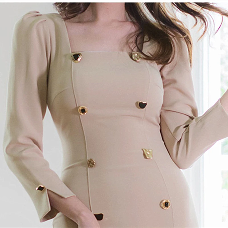 

2020 Autumn Winter Korean Style Women Casual Square Collar Long Sleeve Knee-Length Dress Fashion Double Breasted Bodycon Dress