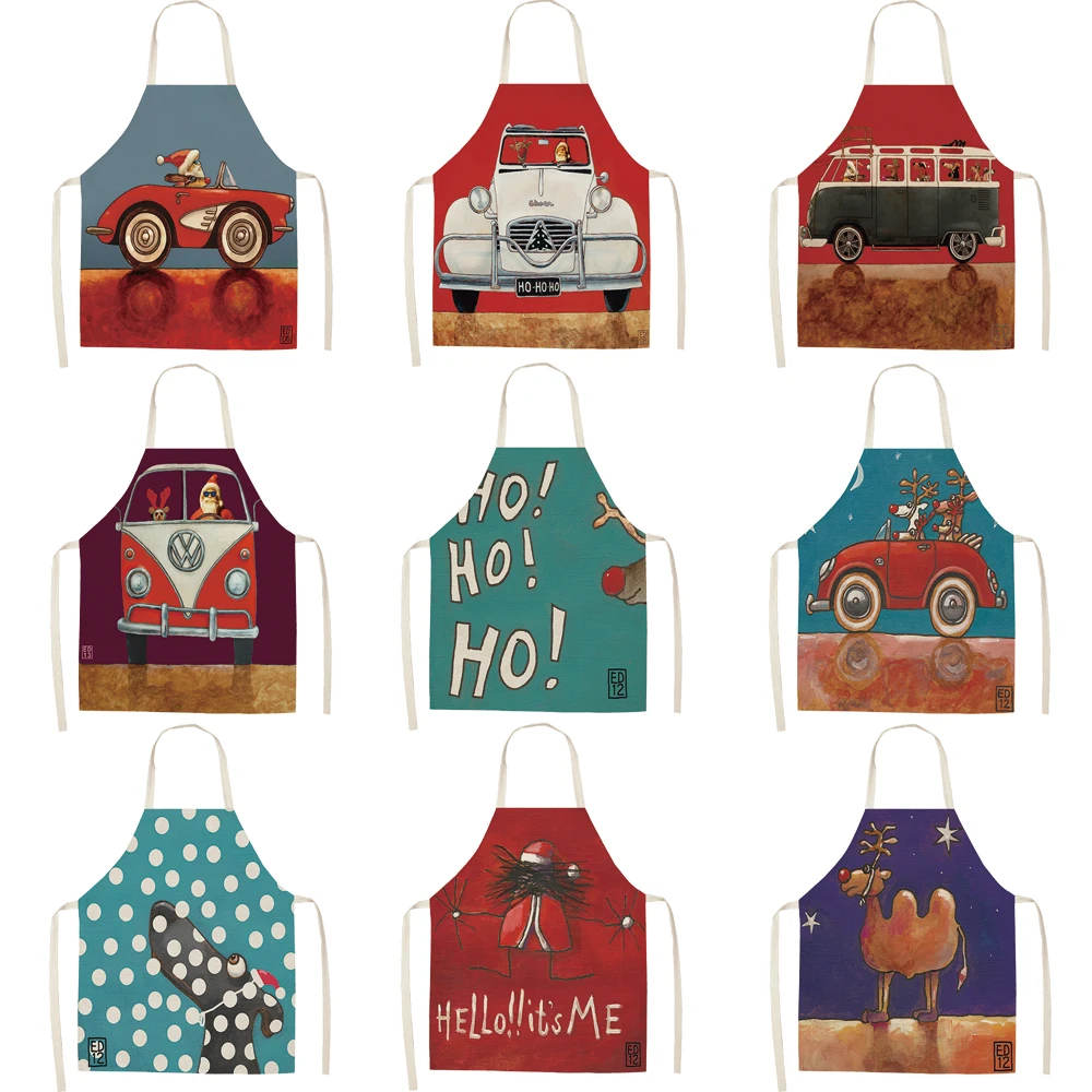 

Silstar Tex Santa Driving Car Barista Apron Oil Color Drawing Apron For Home And Kitchen Accessories