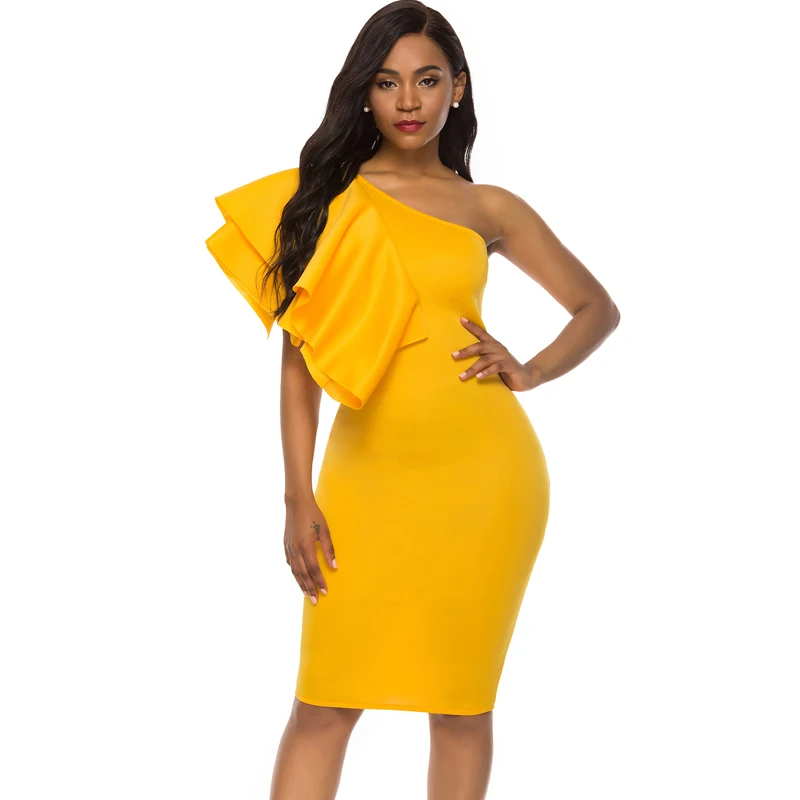 

Women Yellow Party Dress One Shoulder Irregular Ruffles Sexy Dating Dinner Evening Clubwear Slim Bodycon Femme Package Hip Robes