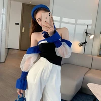 women sexy tops off collar off shoulder mesh contrast color stitching chest t shirt 2021 spring summer new bubble sleeve tshirts