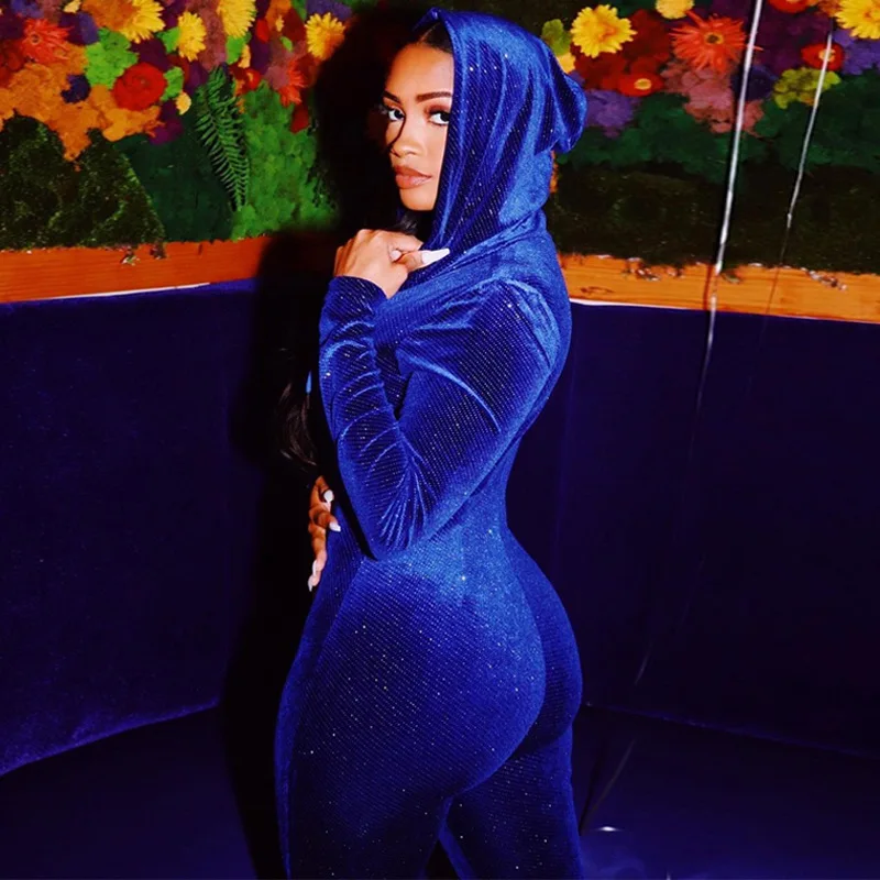 

2020 Autumn Winter Women One Piece Jumpsuit Sexy Sportwear Sequined Long Sleeve Bodycon Skinny Hooded Zipper Gym Playsuit