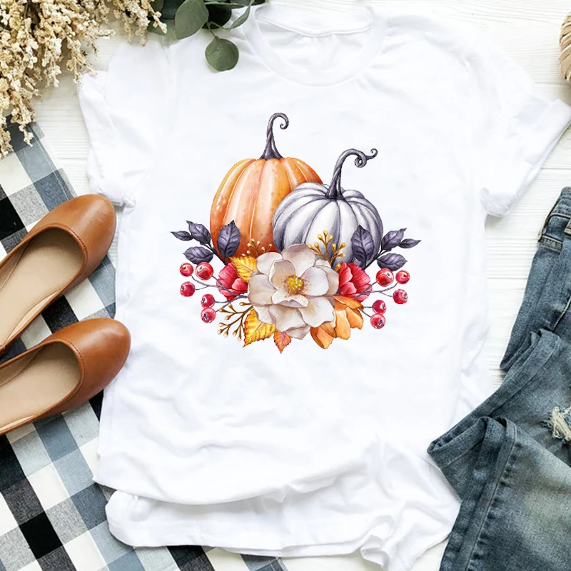Женская футболка с изображением цветов тыкв на День Благодарения осень Хэллоуин