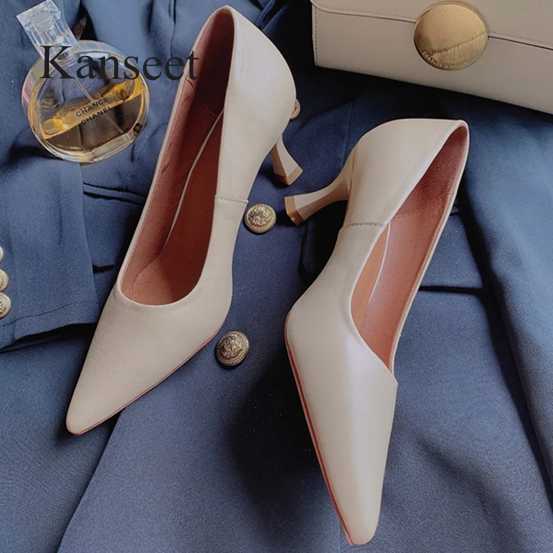 

Kanseet Comfort Working Shoes Office Ladies High Heels Genuine Leather Women Pumps Pointed Toe Shoes Female 2021 Spring Autumn