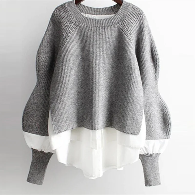 

Knitting Thicken Patchwork Women's Sweater Lantern Long Sleeve Loose Korean Pullover 2021 Autumn Winter Warm Sweaters Oversized