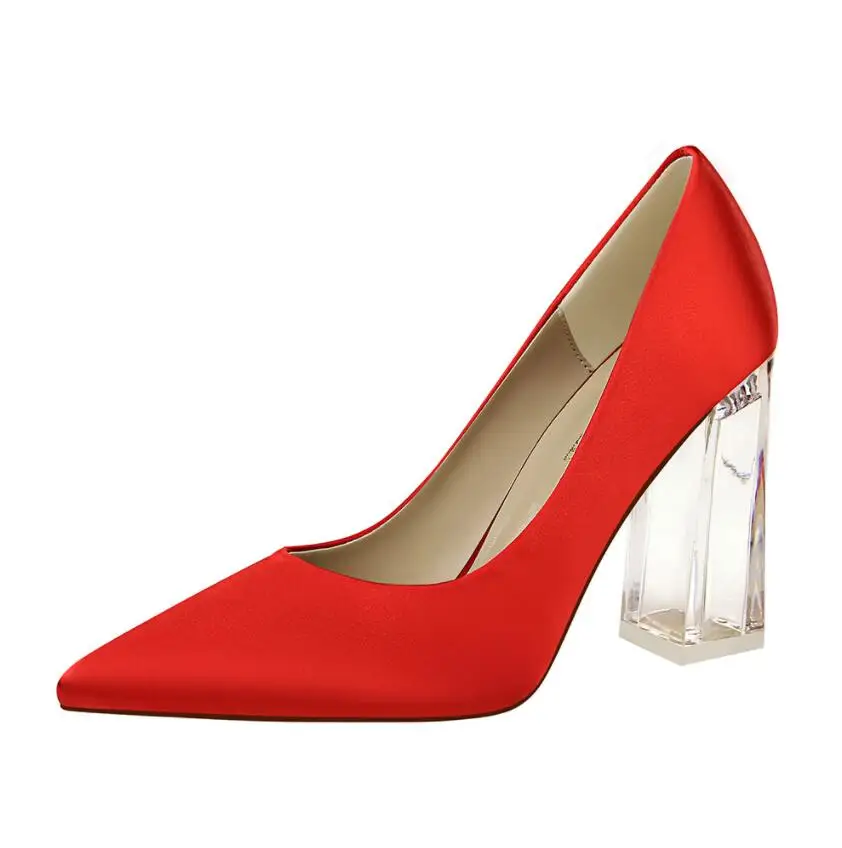

Women's shoes, high-heeled shoes, transparent crystal heels, satin shallow mouth pointed sexy wedding shoes, women's shoes