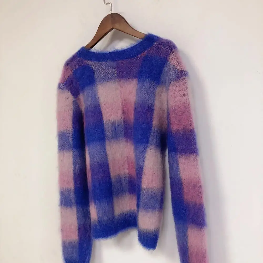 

Autumn Winter Women Knitted Sweater Plaid Long Sleeve O-neck Casual Top