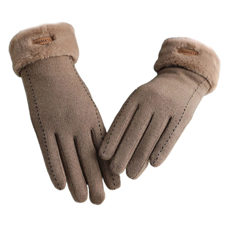 

Women Winter Driving Faux Wool Full Finger Gloves Plush Lined Letters Label Solid Color Windproof Touch Screen Mittens