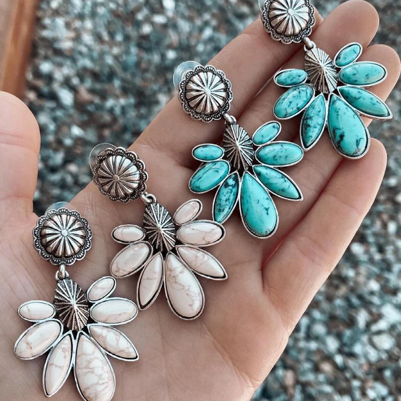 

Turquoise White Buffalo Floral Earring, Western, Country, Southern, Cowboy, Cowgirl, Gift, Women's Summer Boho Style JL30F