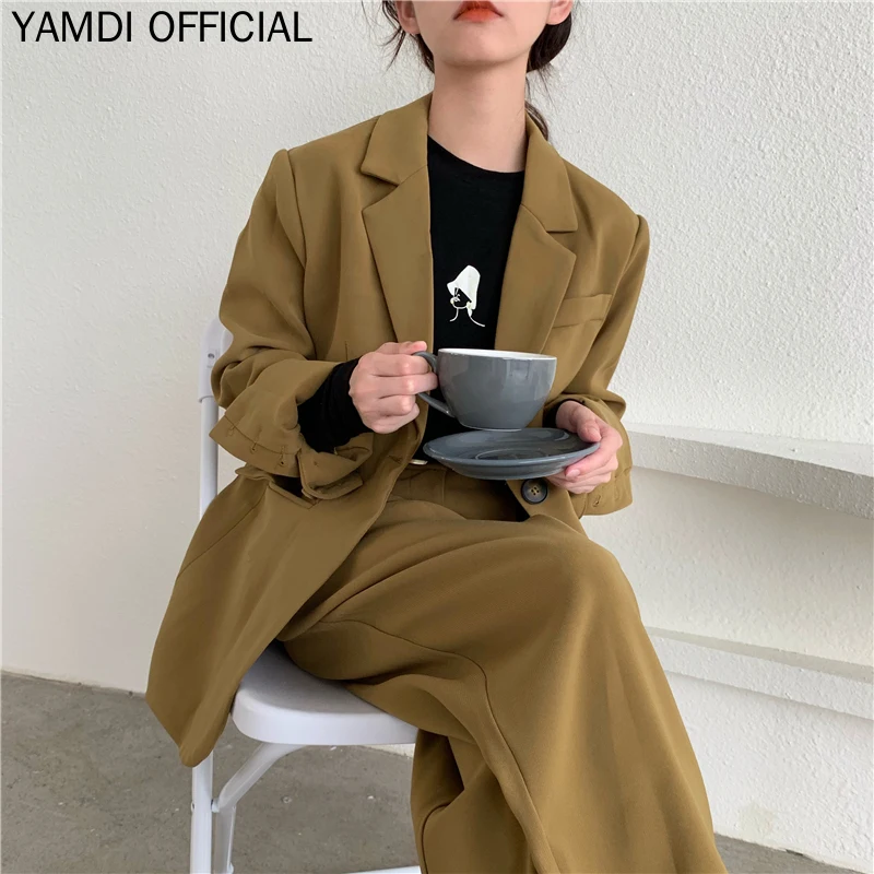 Модный Свободный брючный костюм для женщин куртка на одной пуговице и прямые