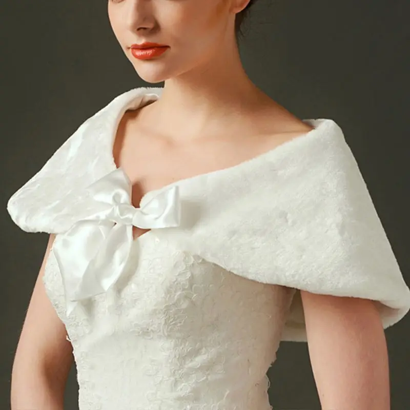 

Womens Winter Thicken Plush Bridal Wrap Stole Off-Shoulder Ribbon Bowknot Shrug U90E