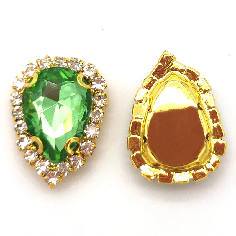 

New Arrival Light Green AAA+ Glass Teardrop Flatback Crystal Button, Gold Bottom Sew On Rhinestones For DIY Clothing