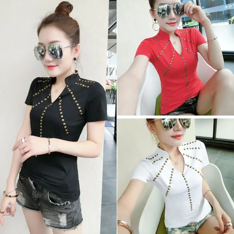 

Woman T-shirts With Short Sleeve V-neck Slim Corset T-shirt Female Bead Tops Women's Clothing Oversize T-shirt 2XL White