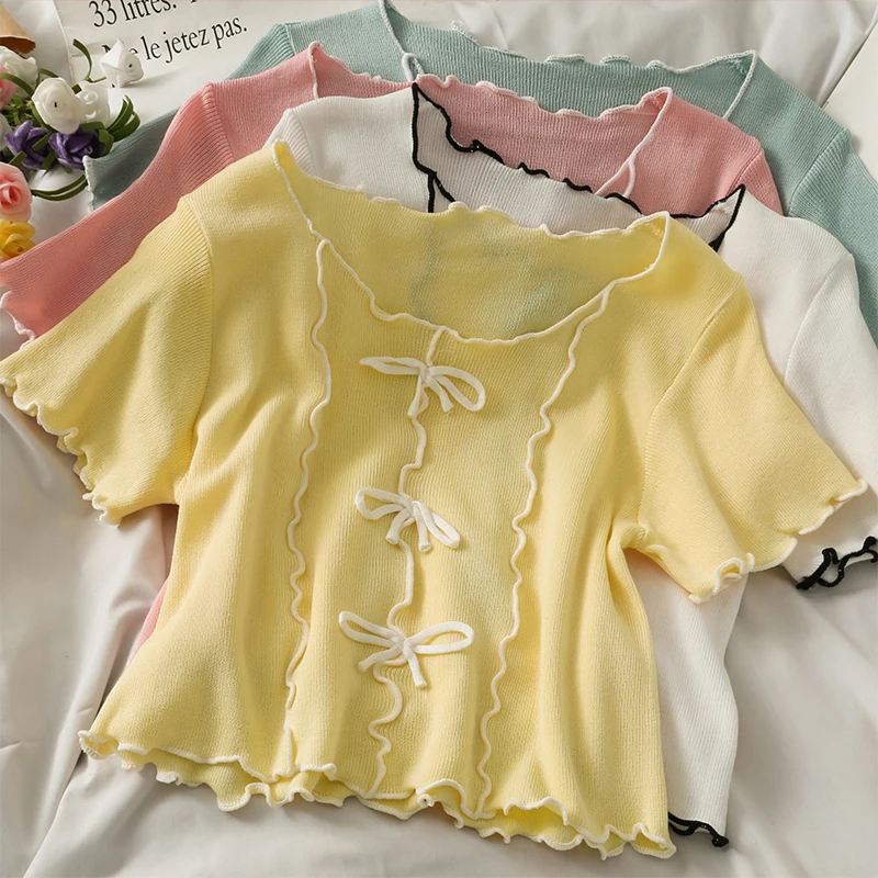 

Женская модная облегающая трикотажная блузка с круглым вырезом и коротким рукавом, милый Повседневный пуловер для девушек, элегантная повс...