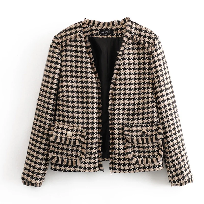 

Chic Houndstooth Jacket Women Fashion Casual V Neck Coats Elegant Ladies Pockets Long Sleeve Open Stitch Outwear