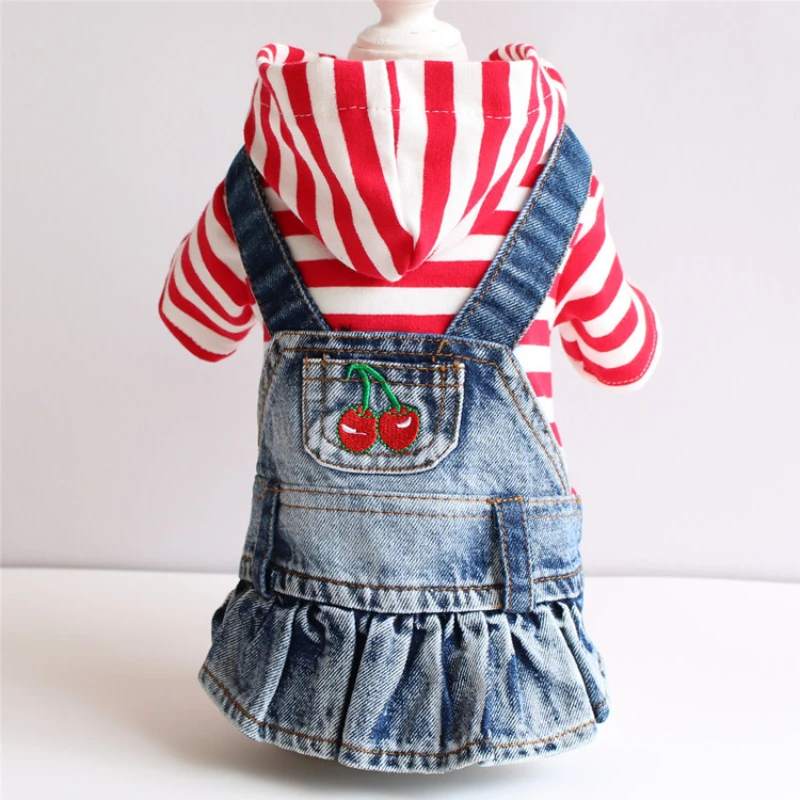 

New Pet Clothes Jacket Vest Jacket Teddy Puppy Striped Embroidered Cherry Denim Skirt 6 Sizes 4 Styles