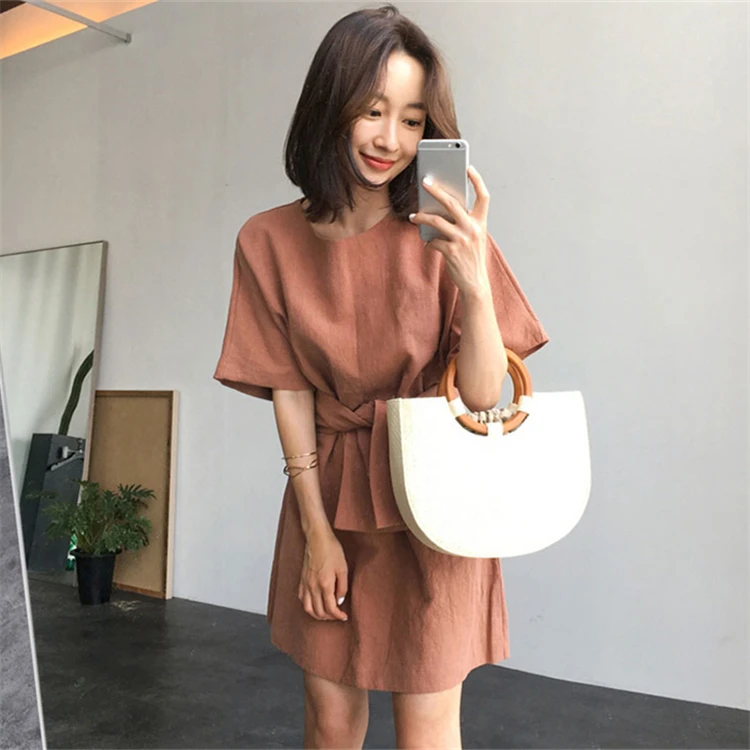 Женское Плиссированное мини-платье повседневное хлопково-льняное платье с