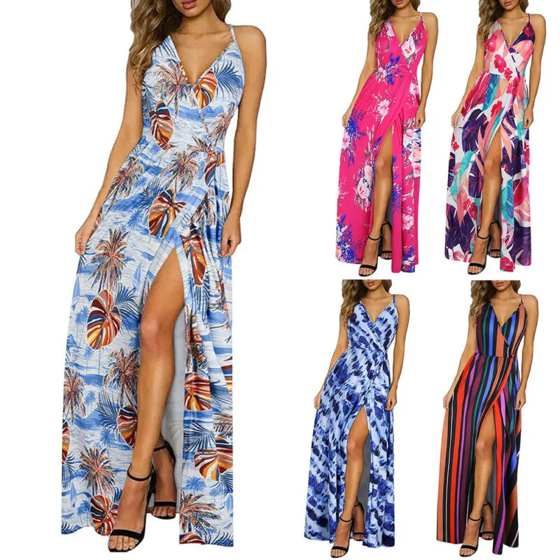 

Women Sleeveless Sling Printed Dress Long Slit Dress Summer Beach Sundress New