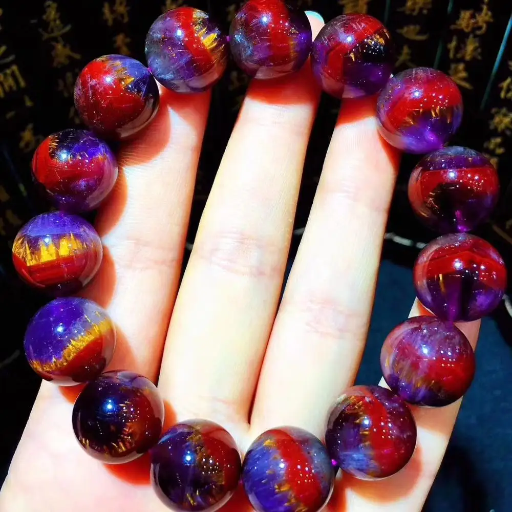 

14.5mm Natural Cacoxenite Auralite 23 Purple Red Bracelet Women Men Round Beads Gold Rutilated Quartz Rare Bracelet AAAAA