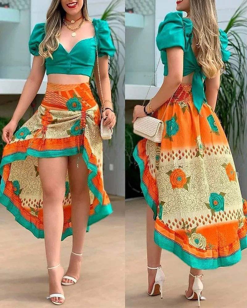 

Puffed Sleeve Colorblock Crop Top & Ruched Skirt Set