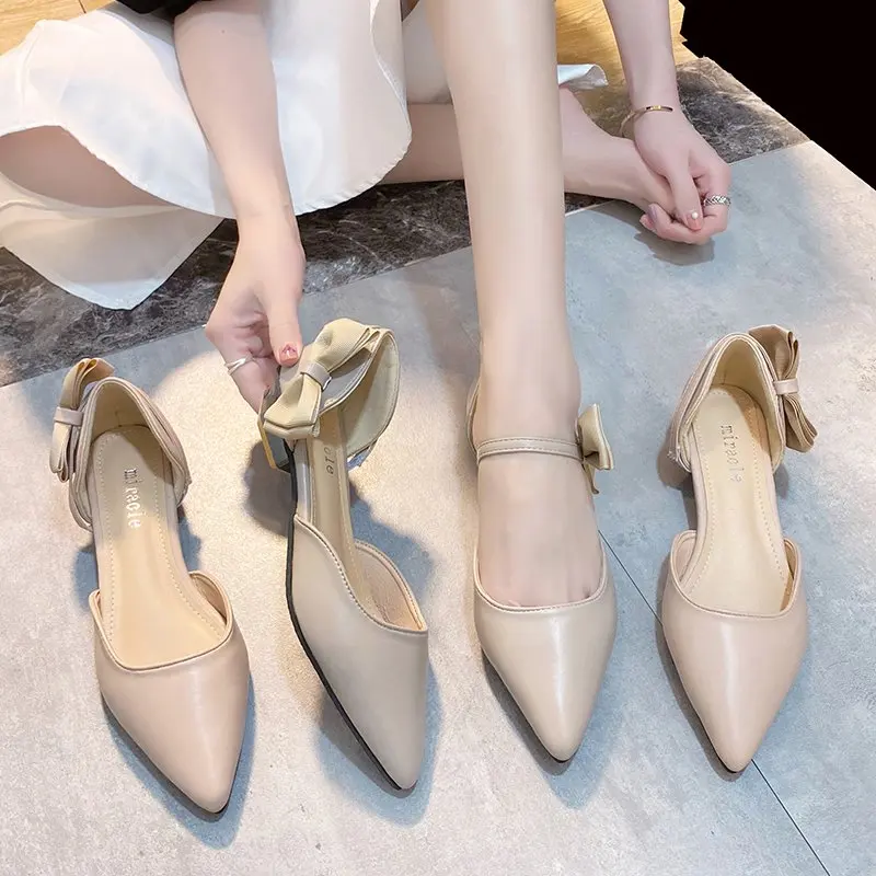 

2021 Sandals Shallow Mouth Low-Heeled Shoes With Strap Suit Female Beige Slip-on Loafers Summer Women's Two Weare New Low-heeled
