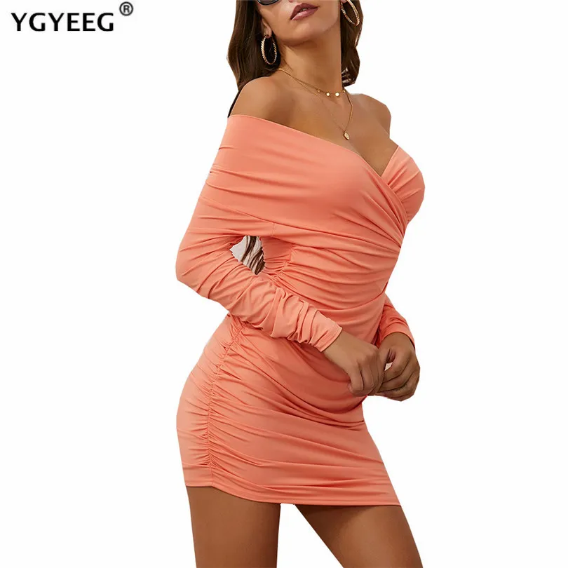 

YGYEEG Women Off Shoulder Dress White Summer Pleated Bodycon Club Party Sexy Long Sleeve Mini Elegant Sheath Clothes Vestido