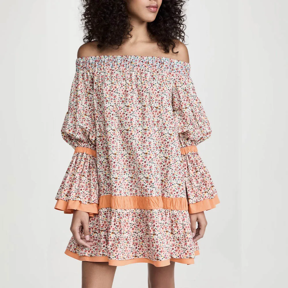 

Женское мини-платье с принтом Za, цветное платье с одним открытым плечом и рукавом-фонариком, модная яркая повседневная юбка, осень 2021