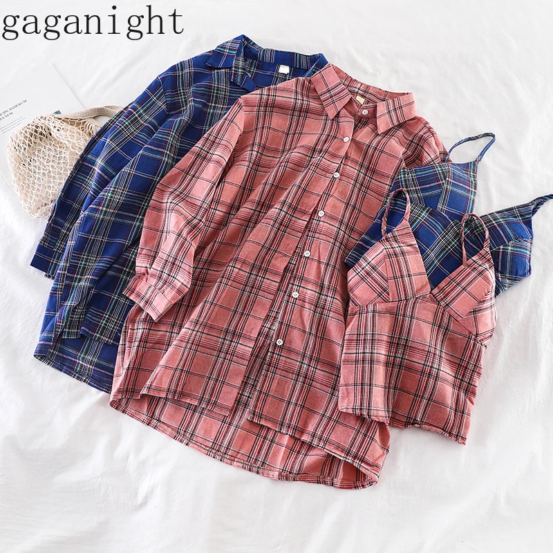 Gaganight/винтажная клетчатая рубашка с длинными рукавами Camis Женский комплект из