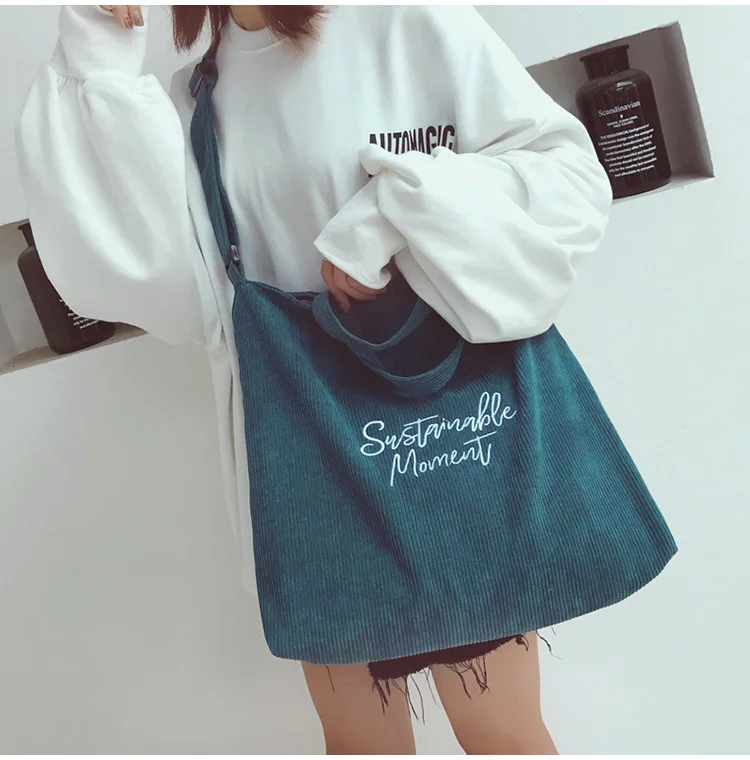 

Capacity corduroy Women ShoulderBag Embroidered letter Cotton Tote Shopper Bag Eco Reusable Shopping Bag Handbag Cloth Messenger