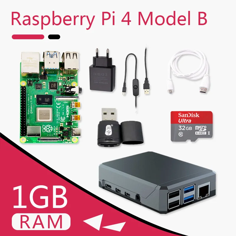 Оригинальный Raspberry Pi 4 Модель B 1G Комплект плата Micro HDMI кабель источник питания с